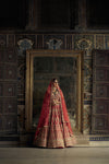 RED RAW SILK LEHENGA CHOLI SET WITH A HEAVY NET DUPATTA