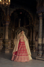 BLOOD RED SILK  LEHENGA CHOLI SET WITH A WORKED TULLE DUPATTA