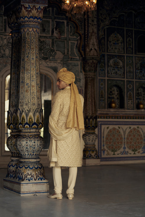 GOLD RAW SILK SHERWANI WITH KURTA AND CHURIDAR