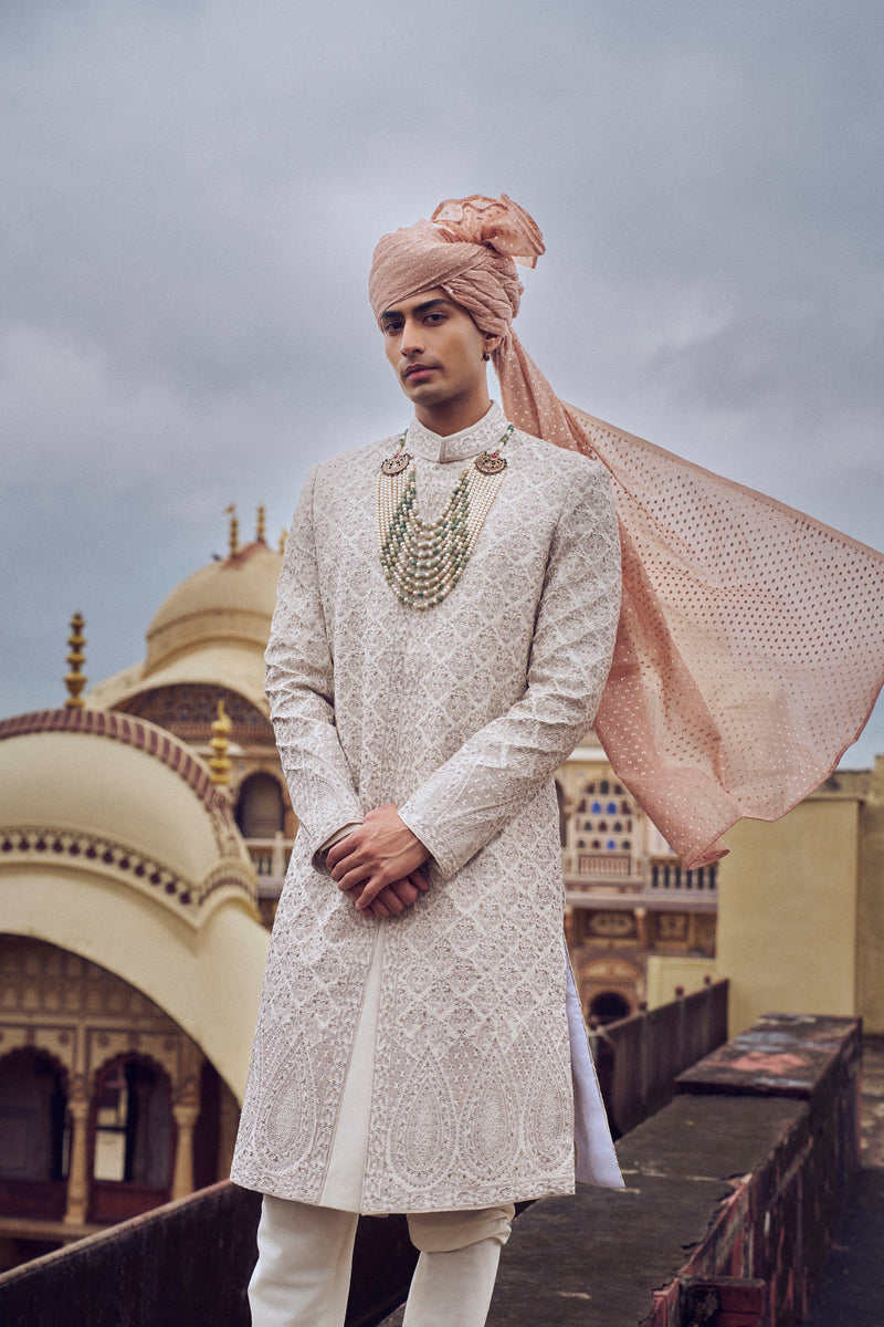 NUDE RAW SILK SHERWANI WITH KURTA CHRIDAR