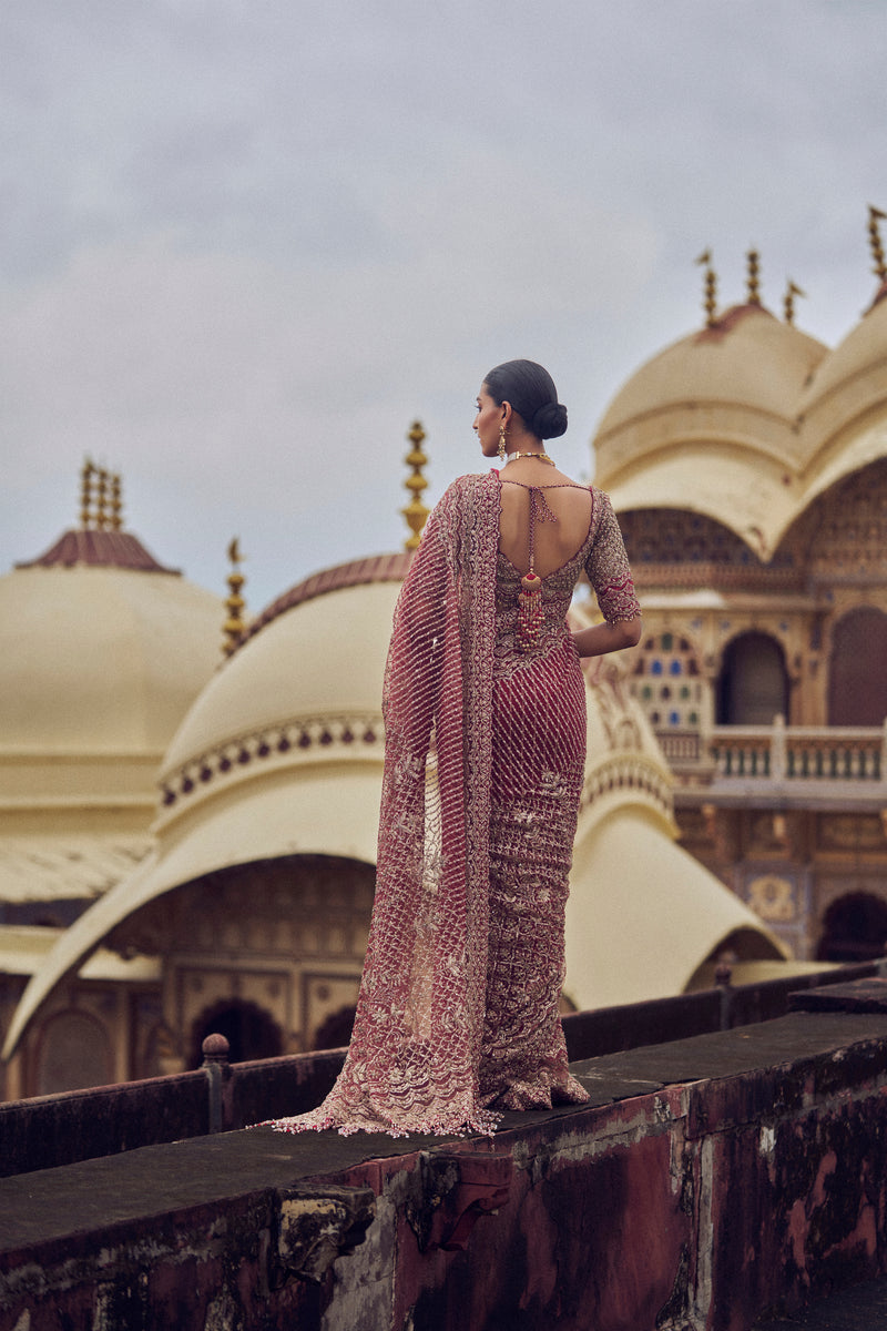 MAROON NET EMBROIDERED SAREE BLOUSE WITH PETTICOAT