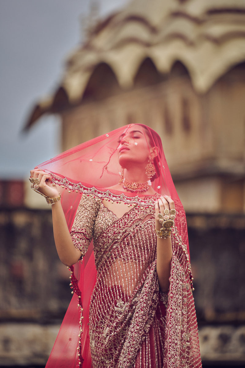 MAROON NET EMBROIDERED SAREE BLOUSE WITH PETTICOAT