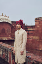 LIGHT BEIGE RAW SILK SHERWANI WITH KURTA AND CHURIDAR