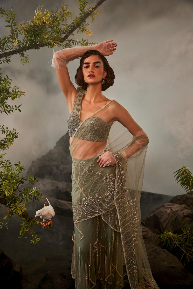 Layered sharara sari and corset with structured shoulder