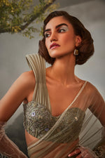 Layered sharara sari and corset with structured shoulder