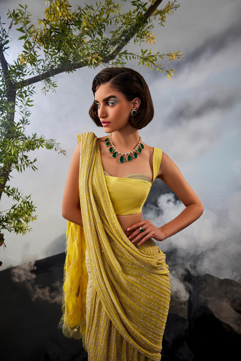 Sworowski drape sari with feather aanchal and sworowski embellished blouse