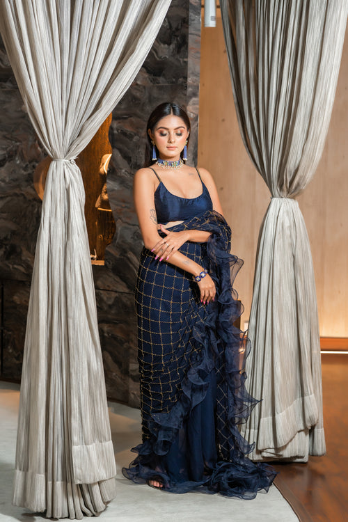 Navy blue drape saree with ruffles and blouse