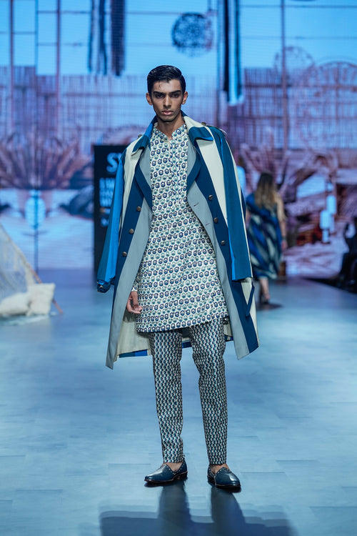 TRENCH COAT PAIRED WITH HEXAGON EMBELLISHED KURTA WITH  PANTS