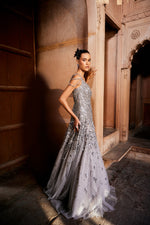 One shoulder Grey Net  gown