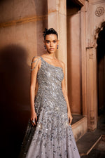 One shoulder Grey Net  gown