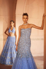 An off shoulder net soft blue gown