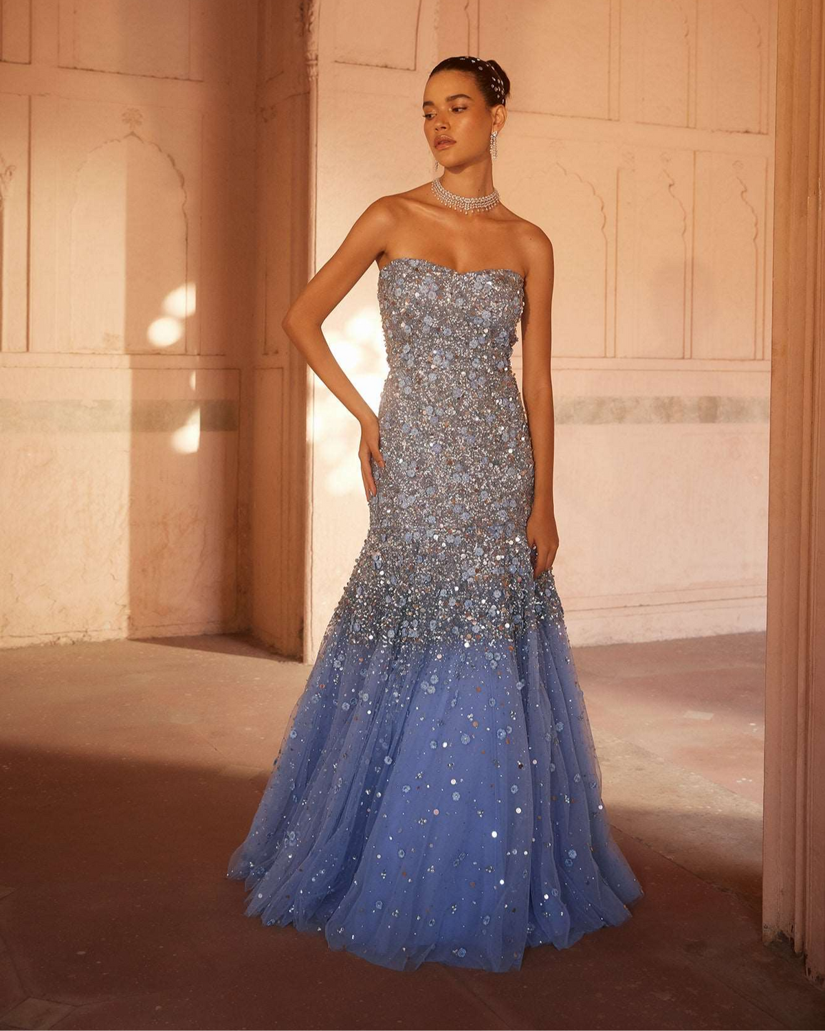 Off Shoulder Grey Net Gown by Prevasu