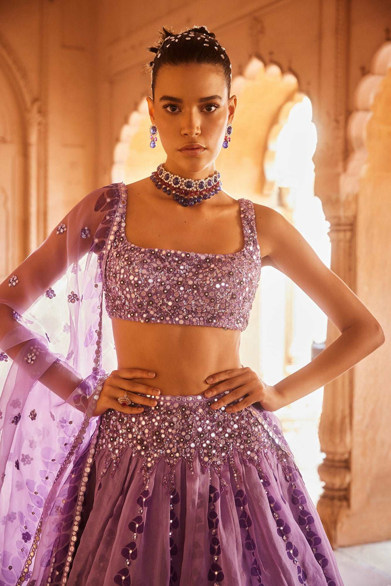 A lavender Organza Lehenga