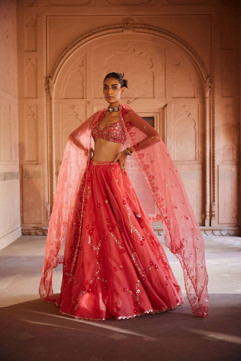 A Coral pink Organza Lehenga