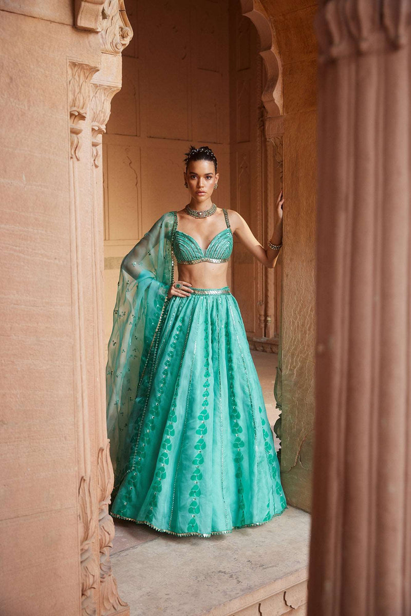 An Aqua Green Organza Lehenga with dupatta