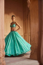 An Aqua Green Organza Lehenga with dupatta