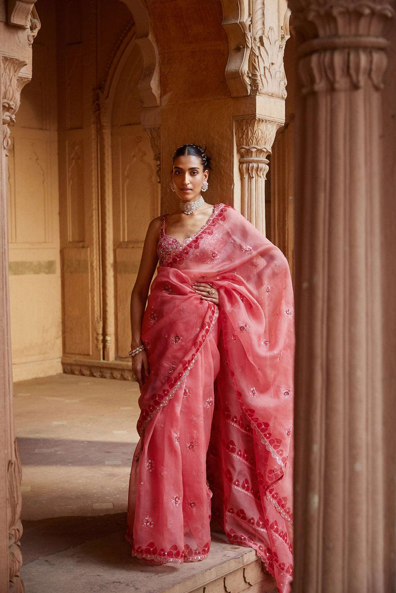 Discount Online Woven Zari Silk Coral Pink Saree|SARV136170