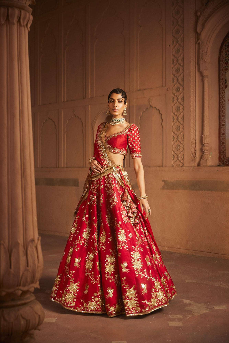 A Red  raw silk lehenga with Georgette Duptta