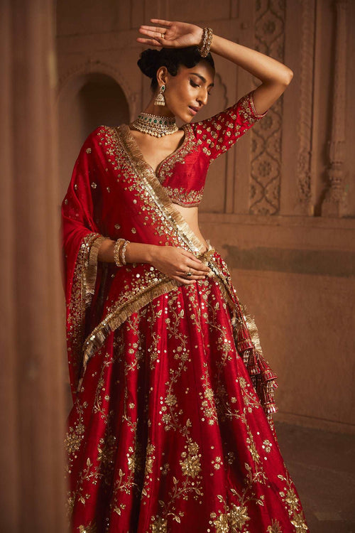 A Red  raw silk lehenga with Georgette Duptta