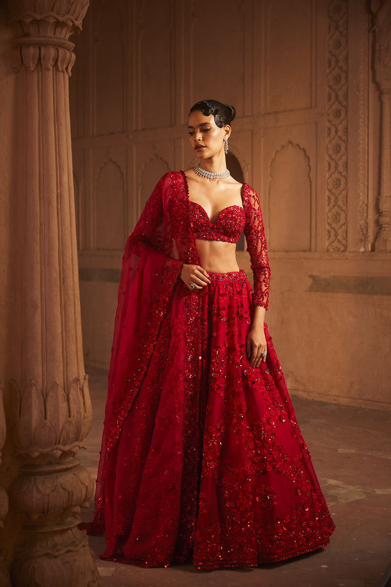 Perfect Red Pure Organza Lehenga