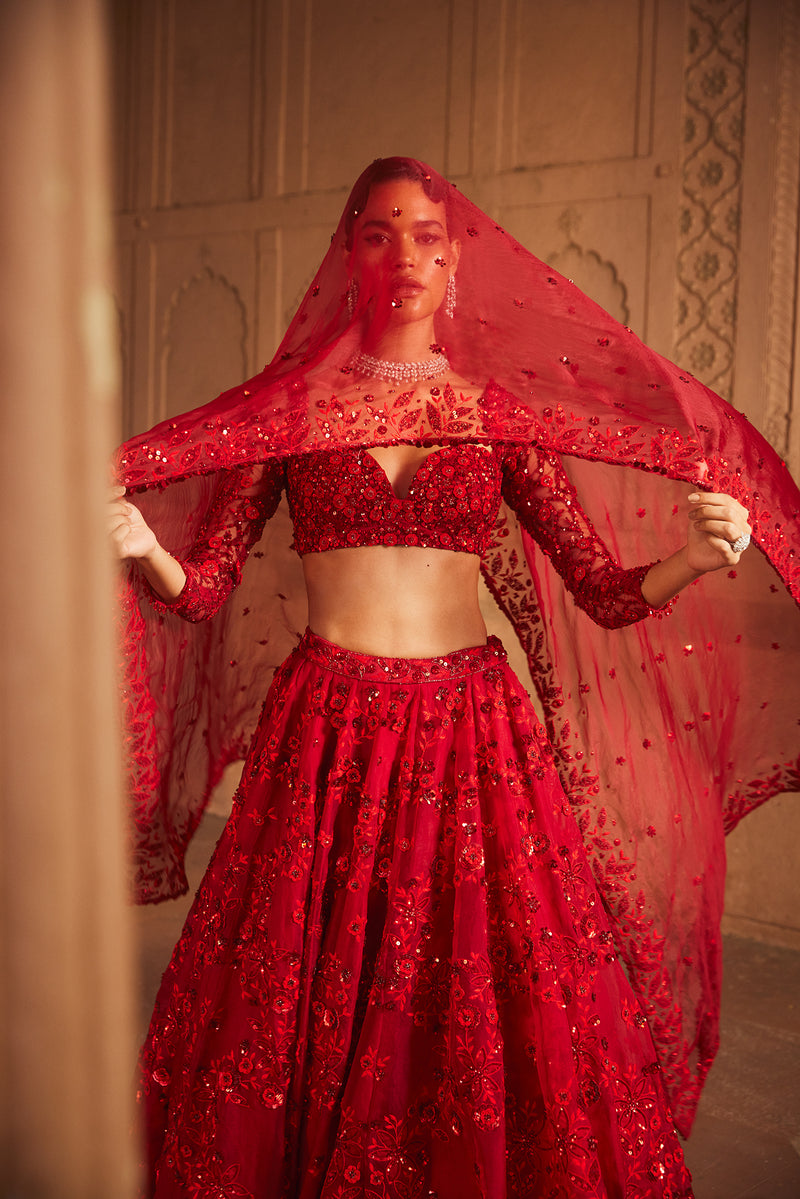 Perfect Red Pure Organza Lehenga