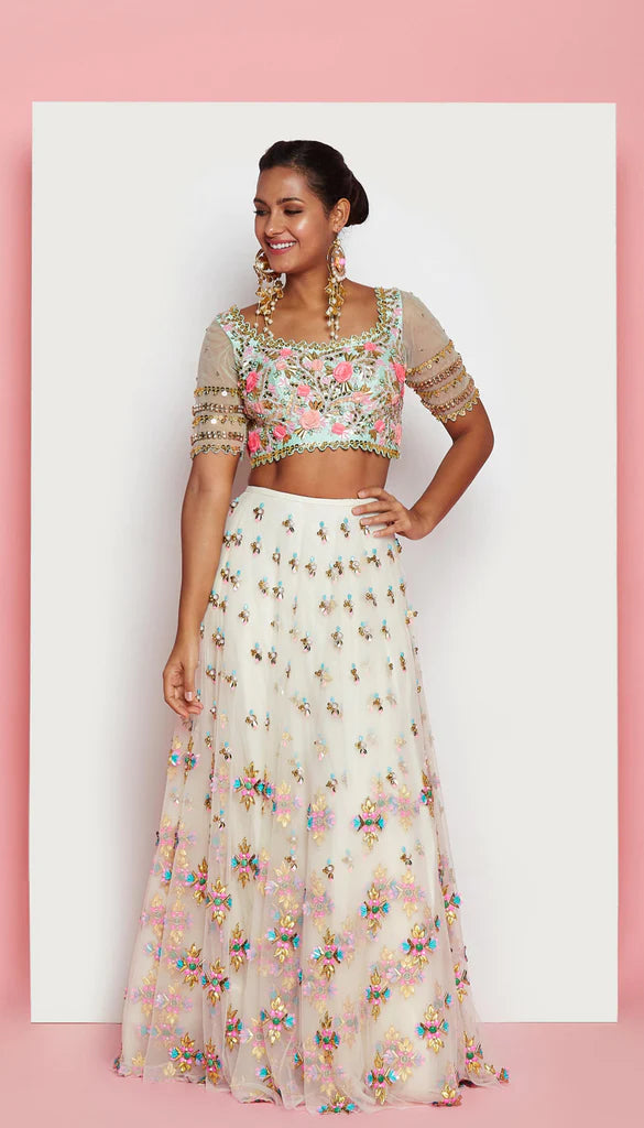 PEARLY - IVORY AND MINT GREEN EMBELLISHED FULL LEHENGA SET