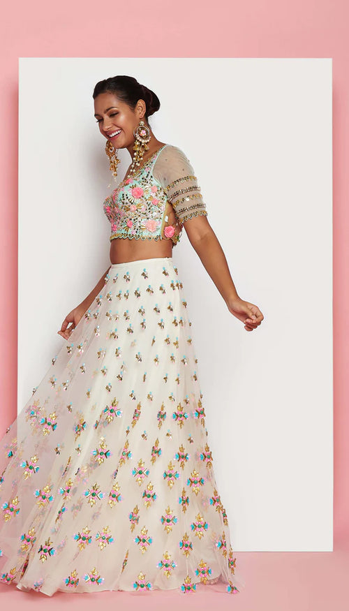 PEARLY - IVORY AND MINT GREEN EMBELLISHED FULL LEHENGA SET