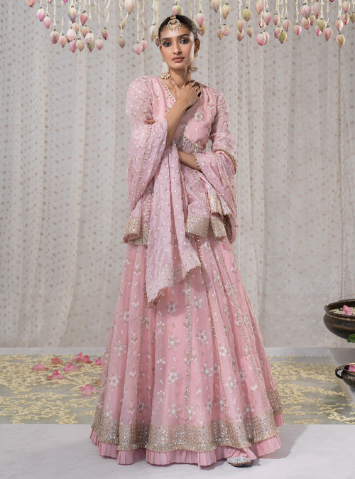 Pink Rajnigandha Short Anarkali with Rajnigandha Lehenga