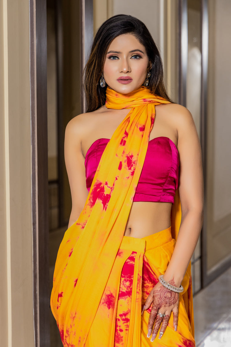 Marie -Mustard yellow tie and dye saree with rani pink bustier