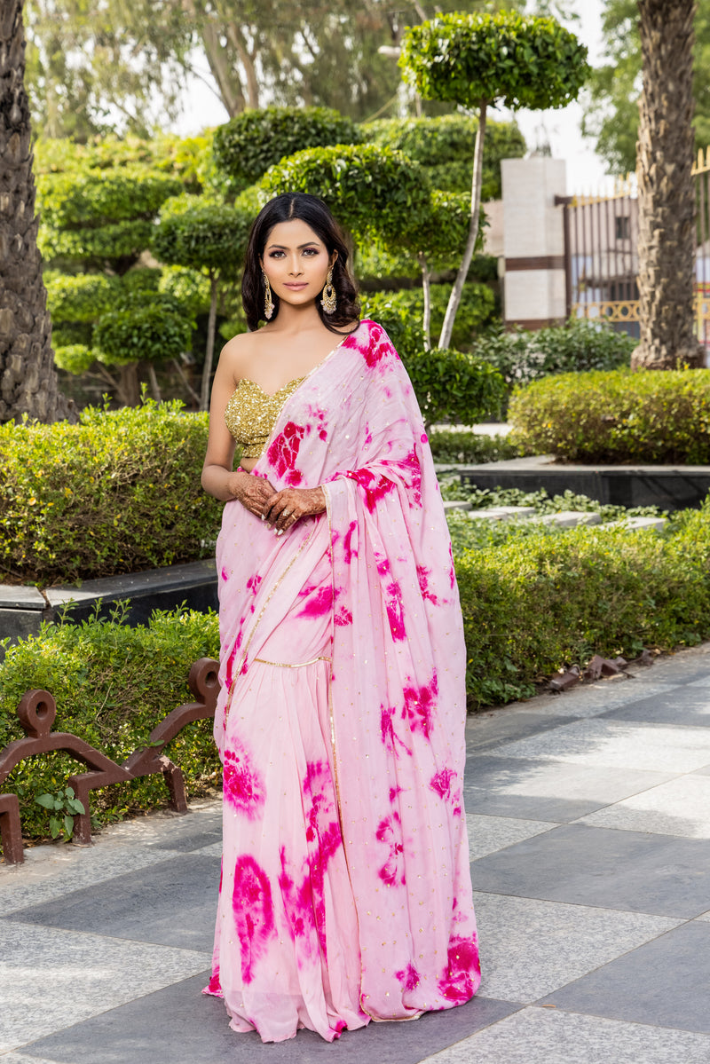 Pinky -Tie and dye garara saree with gold sequin blouse