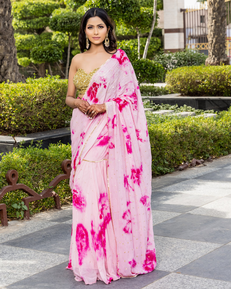 Pinky -Tie and dye garara saree with gold sequin blouse