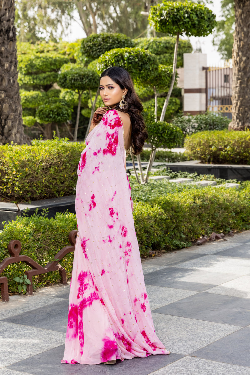 Pinky -Tie and dye garara saree with gold sequin blouse