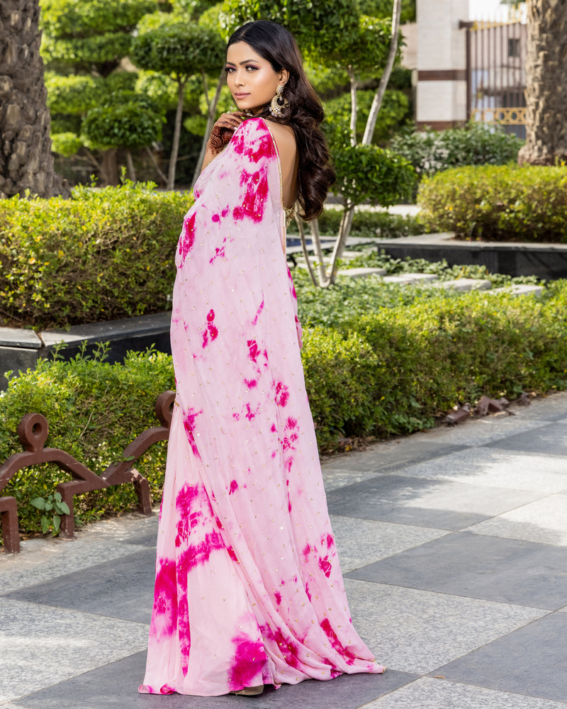 Pinky -Tie and dye garara saree with gold sequin blouse