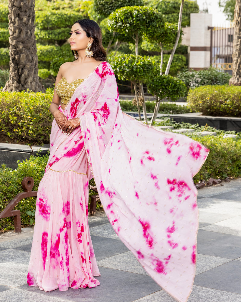 Pinky -Tie and dye garara saree with gold sequin blouse