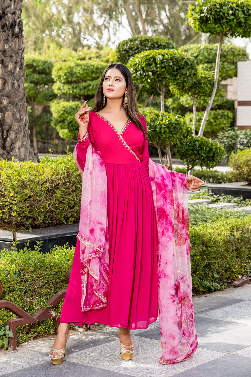 Angana -Rani pink angrakha suit with tie and dye dupatta