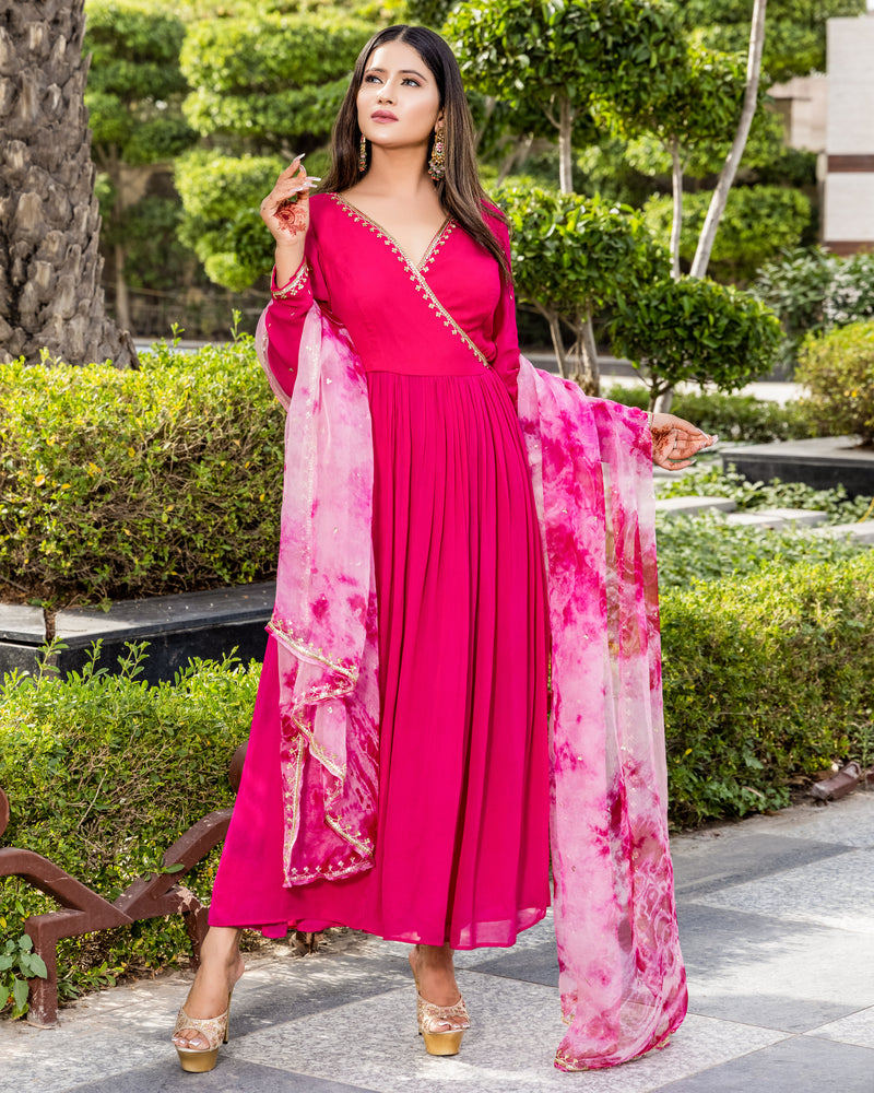 Angana -Rani pink angrakha suit with tie and dye dupatta