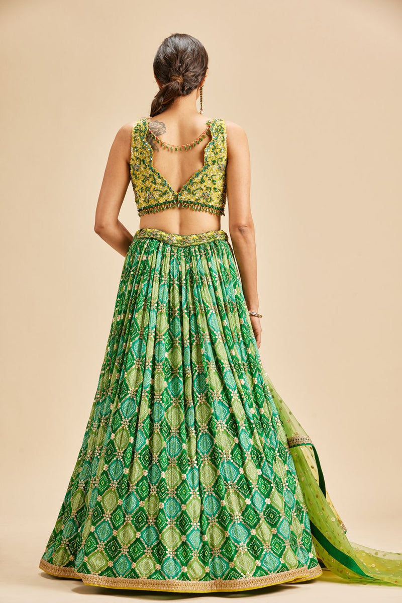 BOTTLE GREEN BADHNI LEHENGA SET