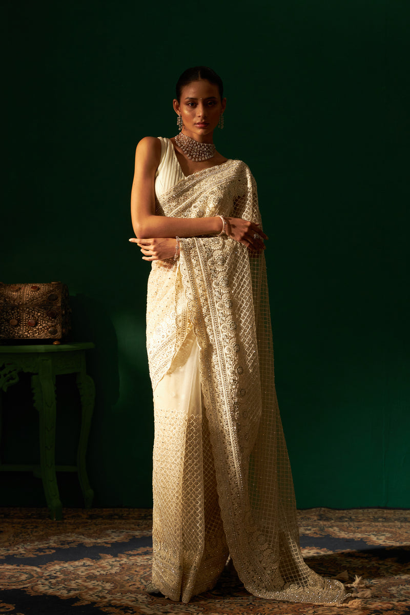 Ivory Net With Swaroski Crystal Embroidery