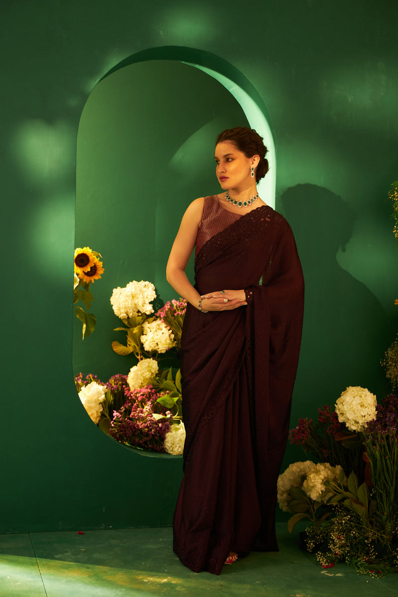 Wine Chiffon Saree With Laser Cut Daana Work