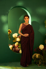 Wine Chiffon Saree With Laser Cut Daana Work