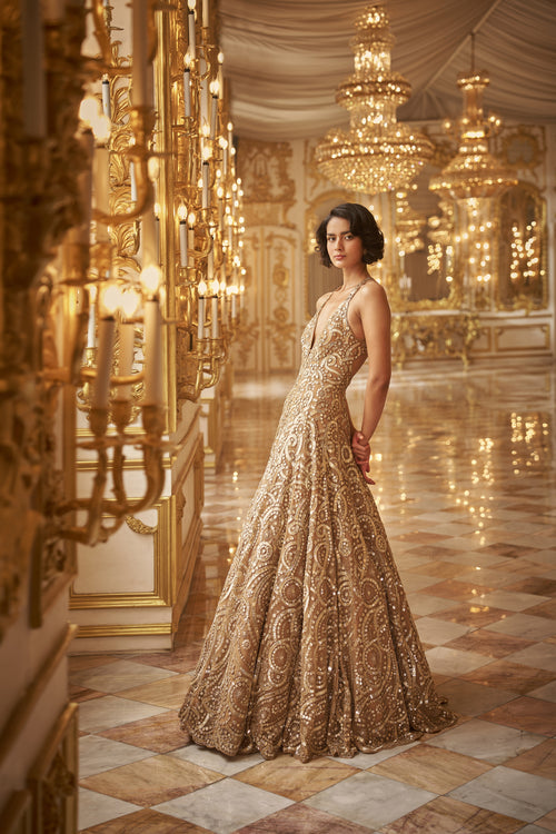 Gold Sequin Gown by Seema Gujral - Lotus Bloom Canada