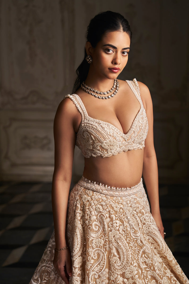 Nude Paisley Lehenga Set by Seema Gujral - Lotus Bloom Canada