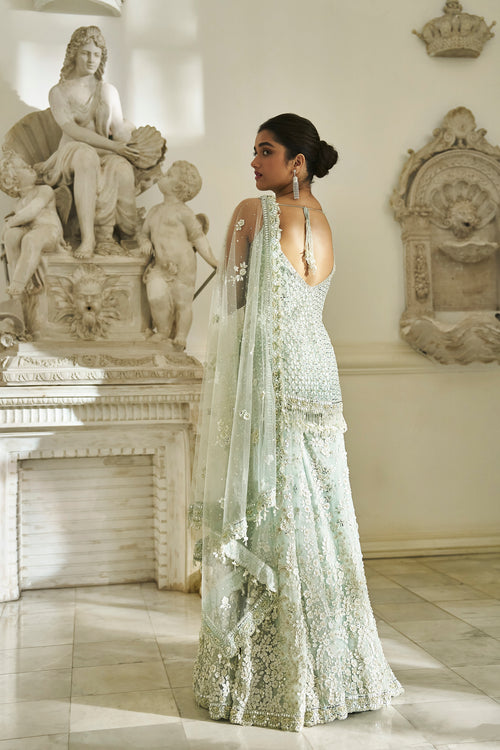 Mint Green Three-Dimensional Sharara Set by Seema Gujral - Lotus Bloom Canada