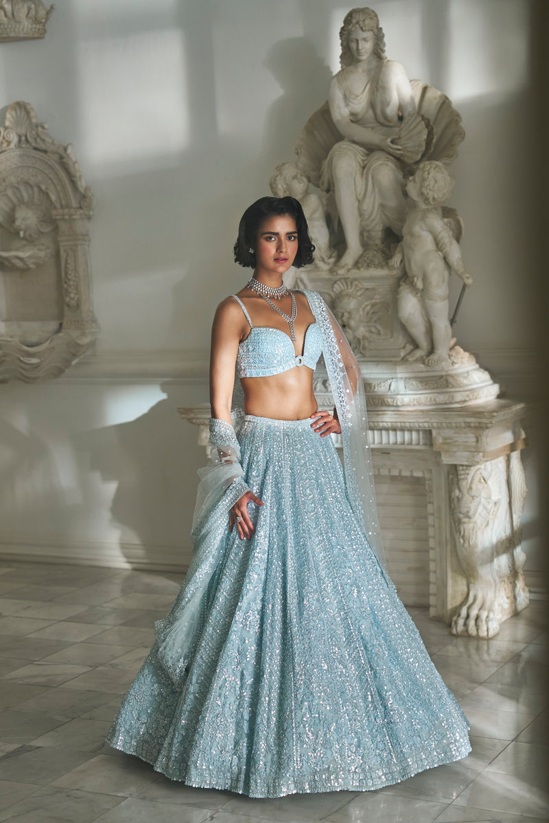 Powder Blue Sequin Lehenga Set by Seema Gujral - Lotus Bloom Canada