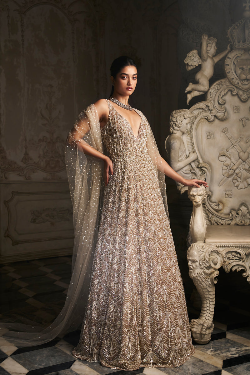 Nude Scalloped Gown by Seema Gujral - Lotus Bloom Canada