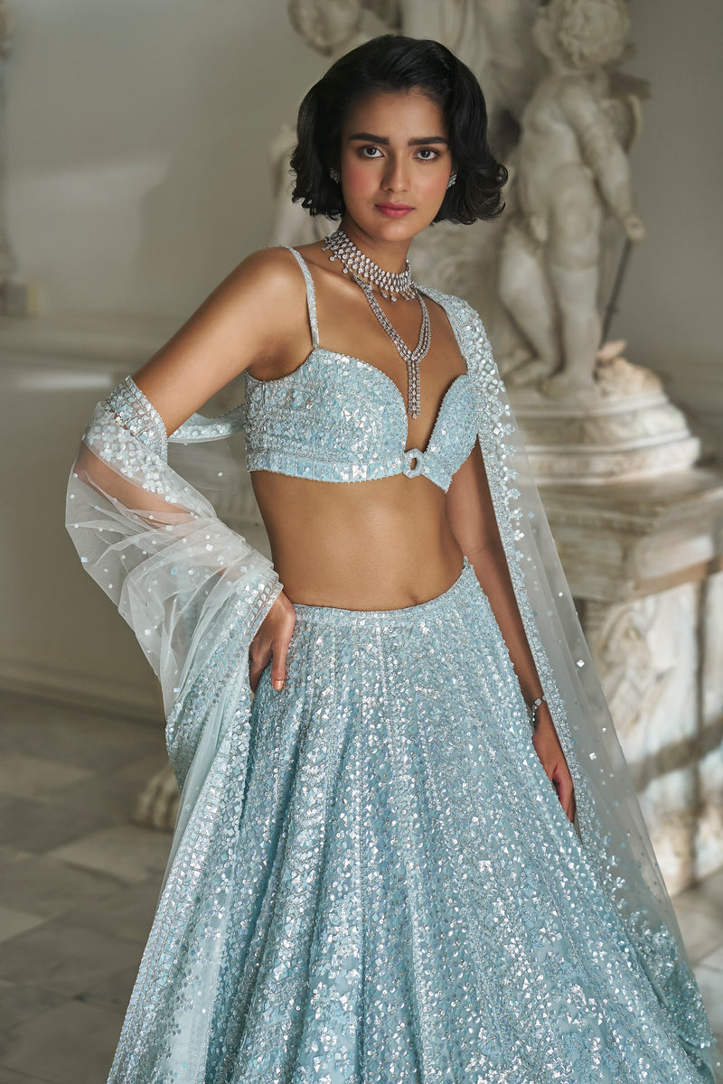 Powder Blue Sequin Lehenga Set by Seema Gujral - Lotus Bloom Canada