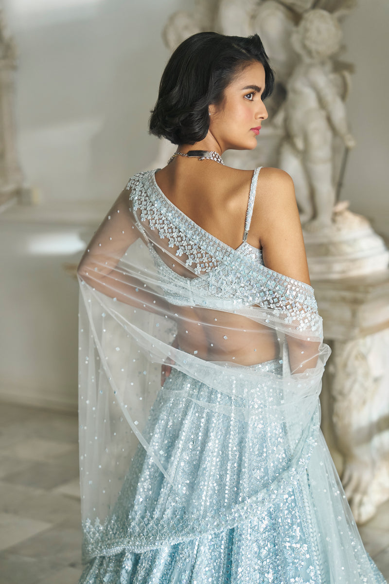 Powder Blue Sequin Lehenga Set by Seema Gujral - Lotus Bloom Canada