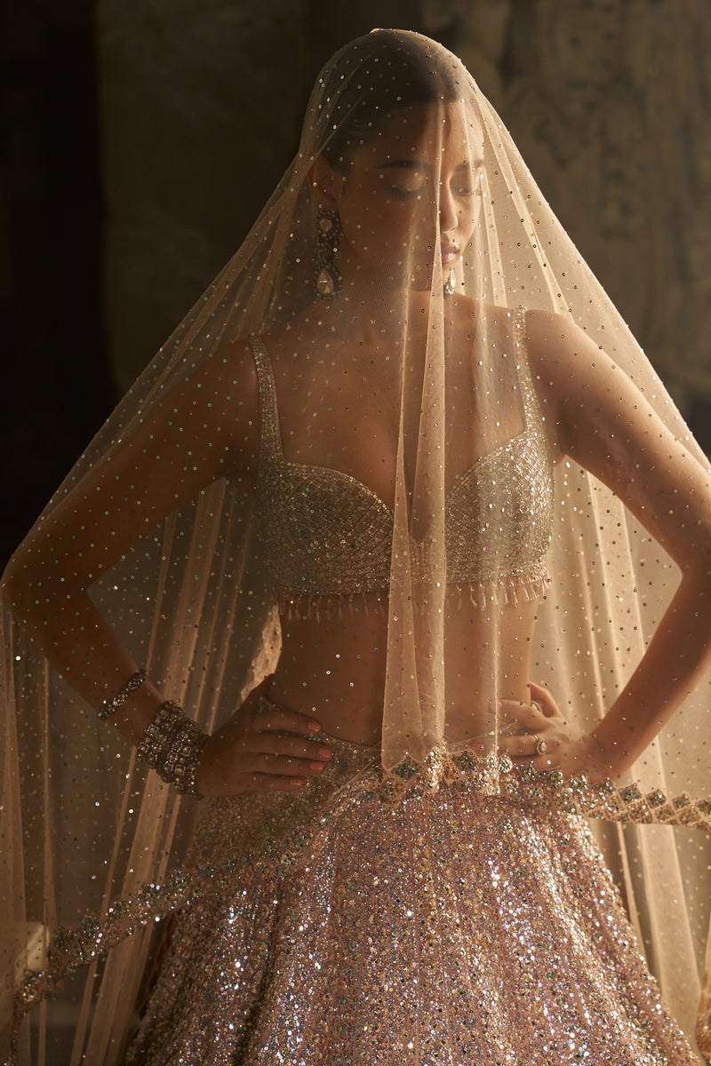 Powder Peach Sequin Lehenga Set by Seema Gujral - Lotus Bloom Canada