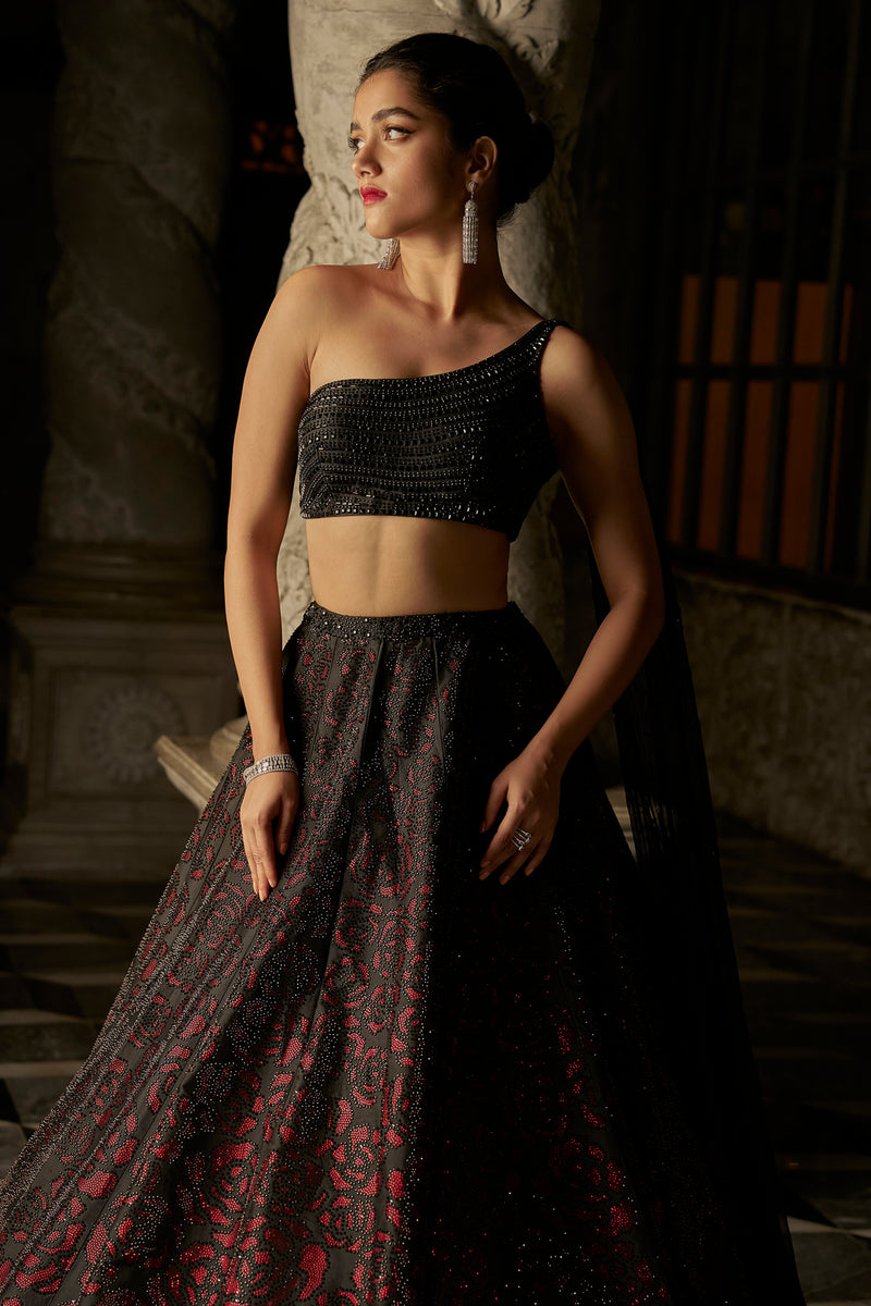 Black Crystal Lehenga Set by Seema Gujral - Lotus Bloom Canada