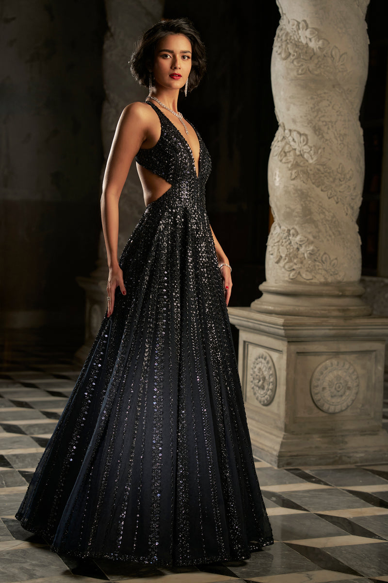 Navy Sequin Gown by Seema Gujral - Lotus Bloom Canada